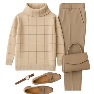 The Linen Duck Oatmeal Grid Cowl Neck Sweater Size M Quiet Luxury City Neutral